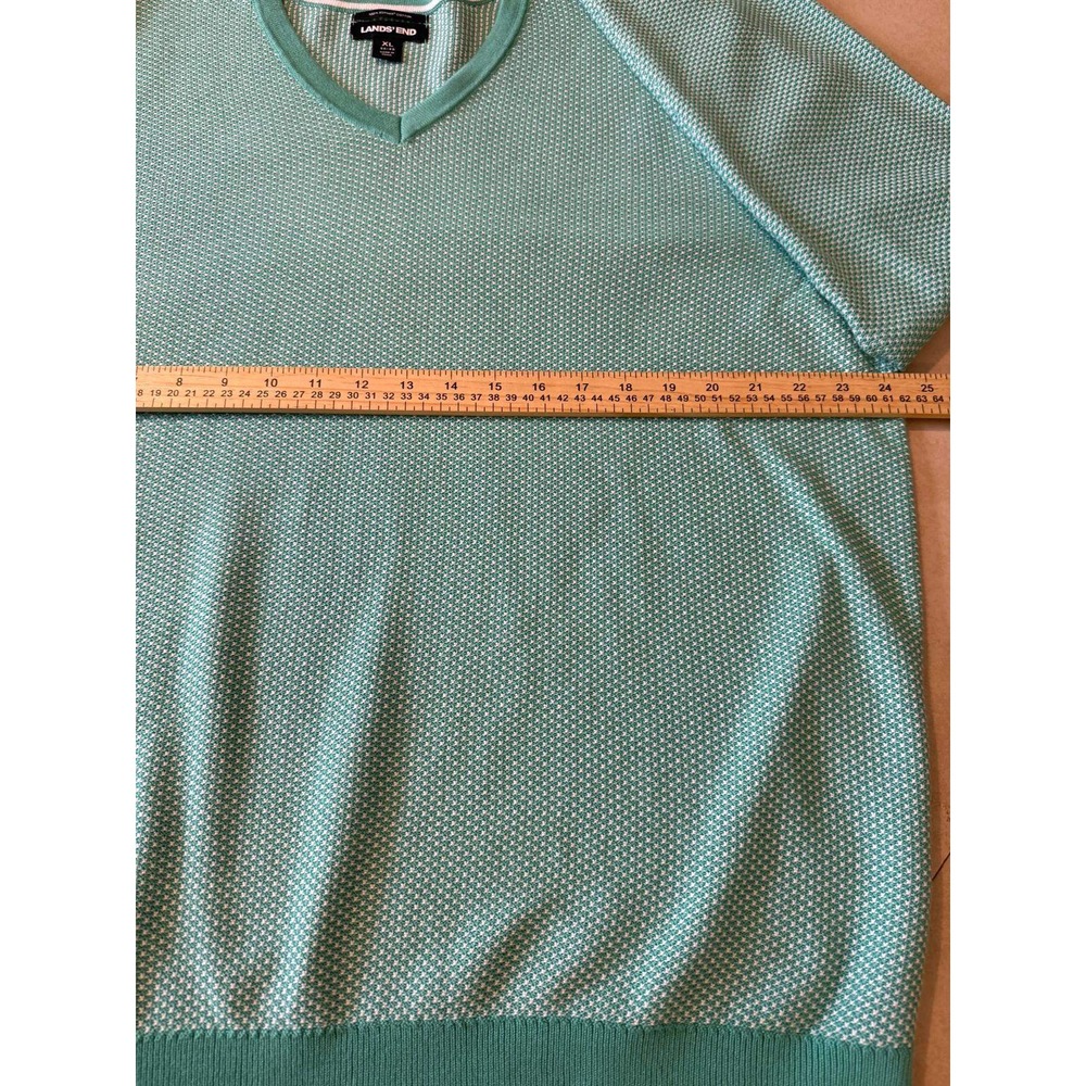Lands' End Men's XL V-Neck Sweater 100% Supima Cotton Green White Birdseye Knit - Picture 6 of 6